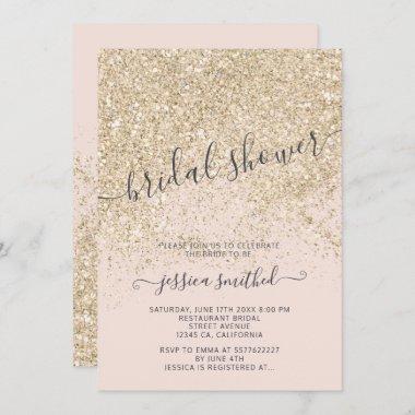 glitter light gold blush pink bridal shower Invitations