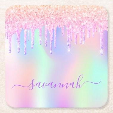 Glitter pink iridescent rose gold rainbow birthday square paper coaster