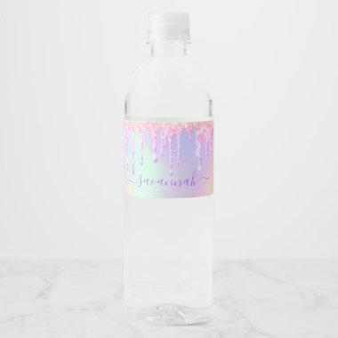 Glitter pink rose gold rainbow holographic name water bottle label