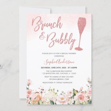 Glitter Rose Gold Brunch And Bubbly Bridal Shower Invitations