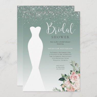 Glitter Sage Green Wedding Dress Bridal Shower Invitations