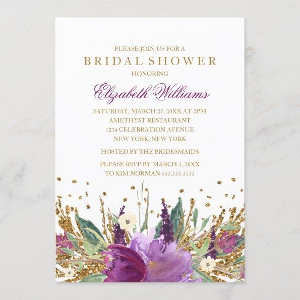 Glitter Sparkling Floral Amethyst Bridal Shower Invitations