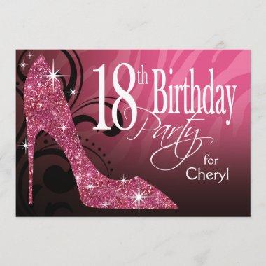 Glitter Stiletto Zebra 18th Birthday pink Invitations
