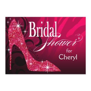 Glitter Stiletto Zebra Bridal Shower fuschia Invitations