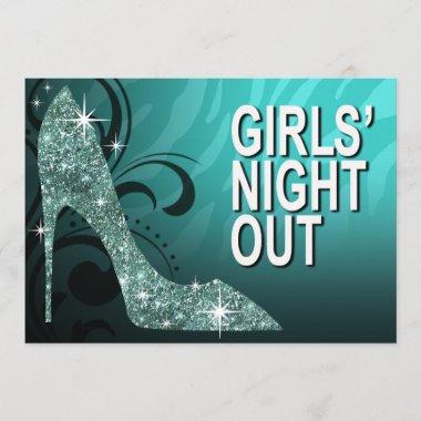 Glitter Stiletto Zebra Girls Night Out aqua Invitations