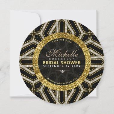 Glitter Style Gold Black Cross Bridal Shower Round Invitations