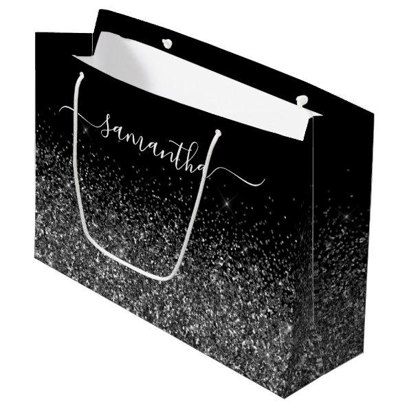 Glittery Black Elegant Signature Swash Name Large Gift Bag