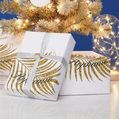 Glittery Gold Leaf Custom Name Birthday Holiday Wrapping Paper