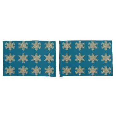 Glittery Gold Snaowflake Pattern Rustic Blue Cute Pillow Case
