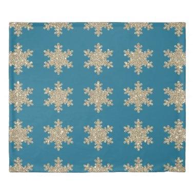 Glittery Gold Snaowflake Pattern Rustic Ocean Blue Duvet Cover
