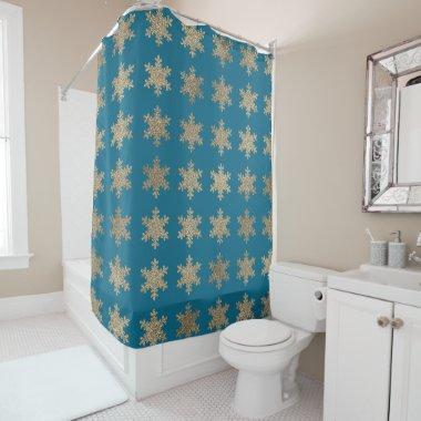 Glittery Gold Snowflake Patterns Deep Ocean Blue Shower Curtain