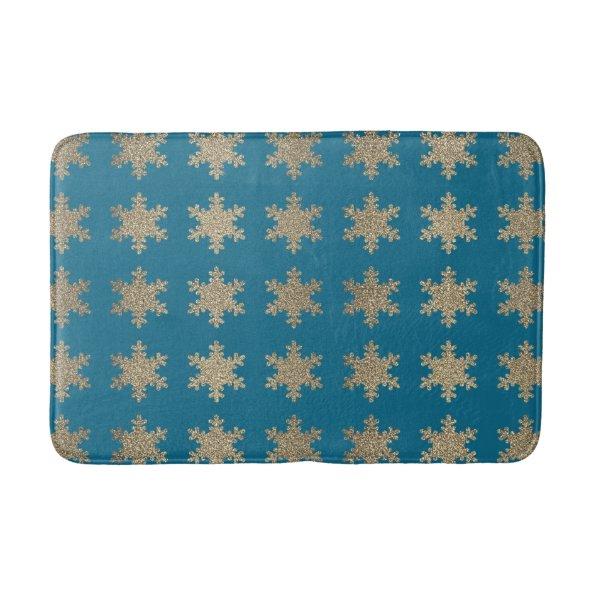 Glittery Gold Snowflake Patterns Rustic Blue Cute Bath Mat