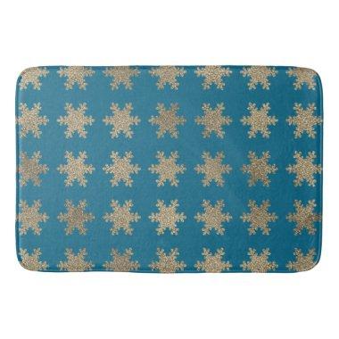 Glittery Gold Snowflake Patterns Rustic Ocean Blue Bath Mat