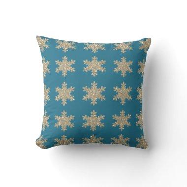 Glittery Gold Snowflake Patterns Rustic Ocean Blue Outdoor Pillow