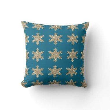 Glittery Gold Snowflake Patterns Rustic Ocean Blue Throw Pillow