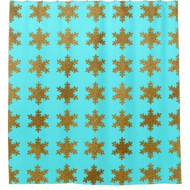 Glittery Gold Snowflake Patterns Turquoise Blue Shower Curtain