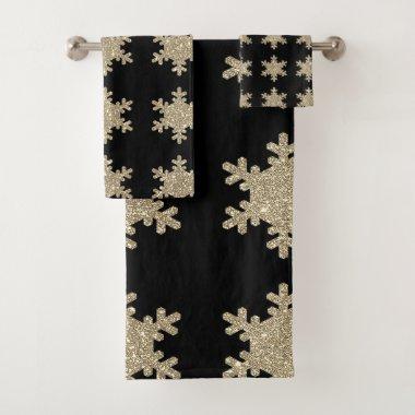 Glittery Gold Snowflakes Patterns Black Cute 2023 Bath Towel Set