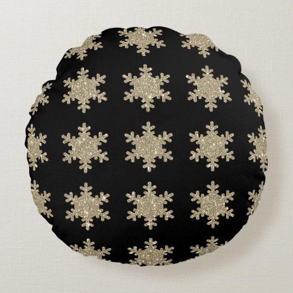 Glittery Gold Snowflakes Patterns Black Cute 2023 Round Pillow