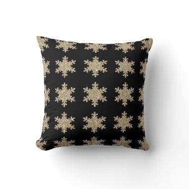 Glittery Gold Snowflakes Patterns Black Cute 2023 Throw Pillow