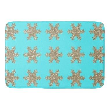 Glittery Gold Snowflakes Patterns Turquoise Blue Bath Mat