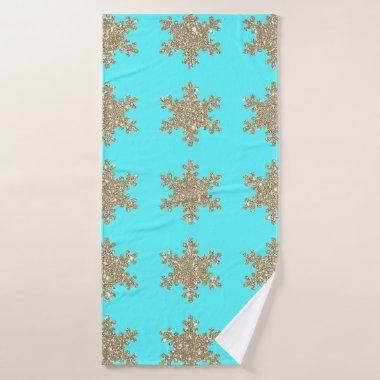 Glittery Gold Snowflakes Patterns Turquoise Blue Bath Towel