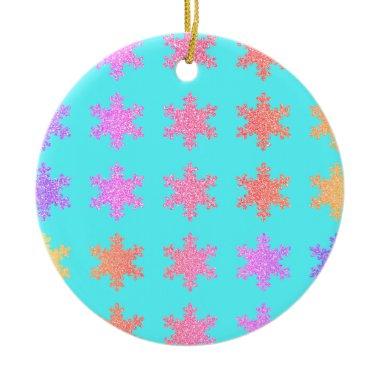Glittery Gold Snowflakes Patterns Turquoise Blue Ceramic Ornament