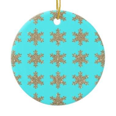 Glittery Gold Snowflakes Patterns Turquoise Blue Ceramic Ornament