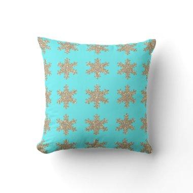 Glittery Gold Snowflakes Patterns Turquoise Blue Outdoor Pillow