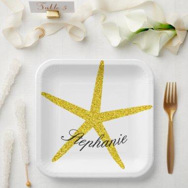 Glittery Gold Starfish Pattern Custom Name Elegant Paper Plates