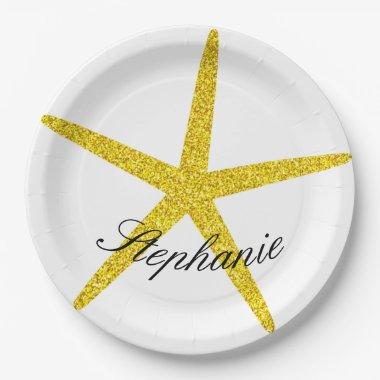 Glittery Gold Starfish Pattern Custom Name Stylish Paper Plates
