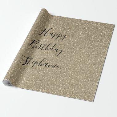 Glittery Golden Black Happy Birthday Custom Name Wrapping Paper
