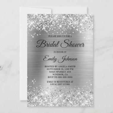 Glittery Silver Foil Fancy Script Bridal Shower Invitations