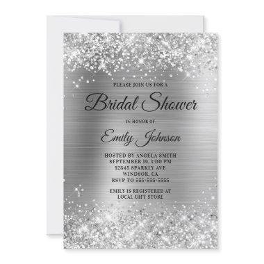 Glittery Silver Foil Fancy Script Bridal Shower Invitations