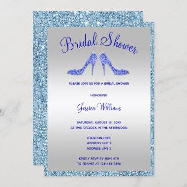 Glitzy Blue Sequins & Stilettos Bridal Shower Invitations