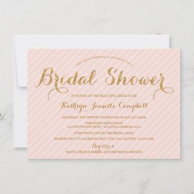 Glitzy Gold Glitter Bridal Shower Invite - Blush