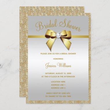 Glitzy Gold Glitters & Gem Bow Bridal Shower Invitations