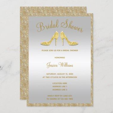 Glitzy Gold Sequins & Stilettos Bridal Shower Invitations