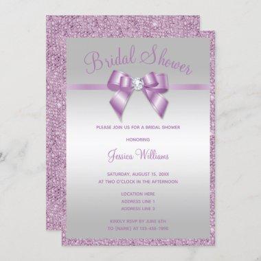 Glitzy Lilac Sequins & Gem Bow Bridal Shower Invitations