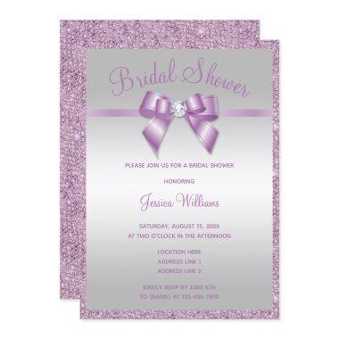 Glitzy Lilac Sequins & Gem Bow Bridal Shower Invitations