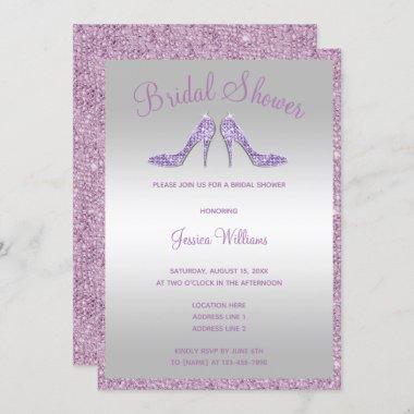 Glitzy Lilac Sequins & Stilettos Bridal Shower Invitations