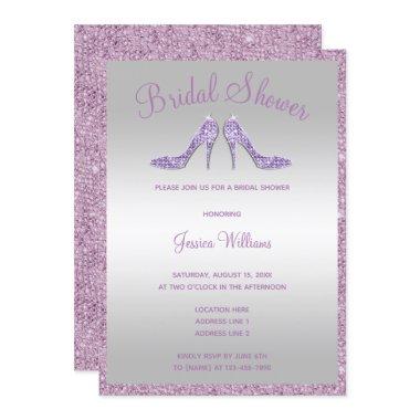 Glitzy Lilac Sequins & Stilettos Bridal Shower Invitations