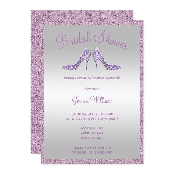 Glitzy Lilac Sequins & Stilettos Bridal Shower Invitations