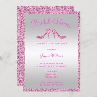 Glitzy Pink Sequins & Stilettos Bridal Shower Invitations