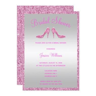 Glitzy Pink Sequins & Stilettos Bridal Shower Invitations