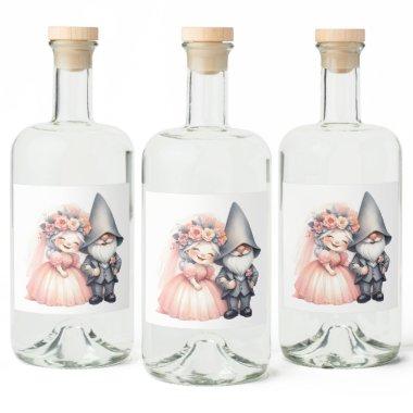 Gnome Bride Groom Orange Rustic Summer Wedding Liquor Bottle Label