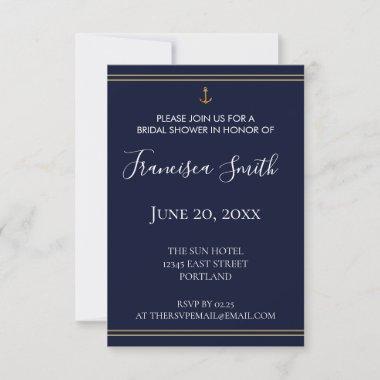 Gold Anchor Nautical Navy Blue Bridal Shower Invitations