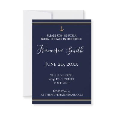 Gold Anchor Nautical Navy Blue Bridal Shower Invitations