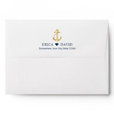 Gold Anchor Navy Stripes Nautical Wedding Envelope