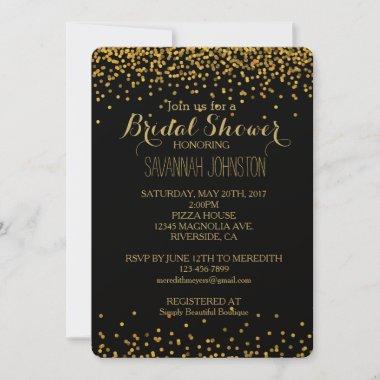 Gold and Black Glam Confetti Dots bridal shower Invitations