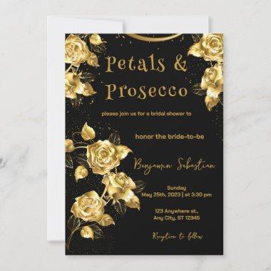 Gold and Black Petals and Prosecco Bridal Shower Invitations